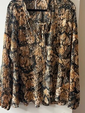Free People Snake-Print Long Sleeve Blouse in Black and Brown